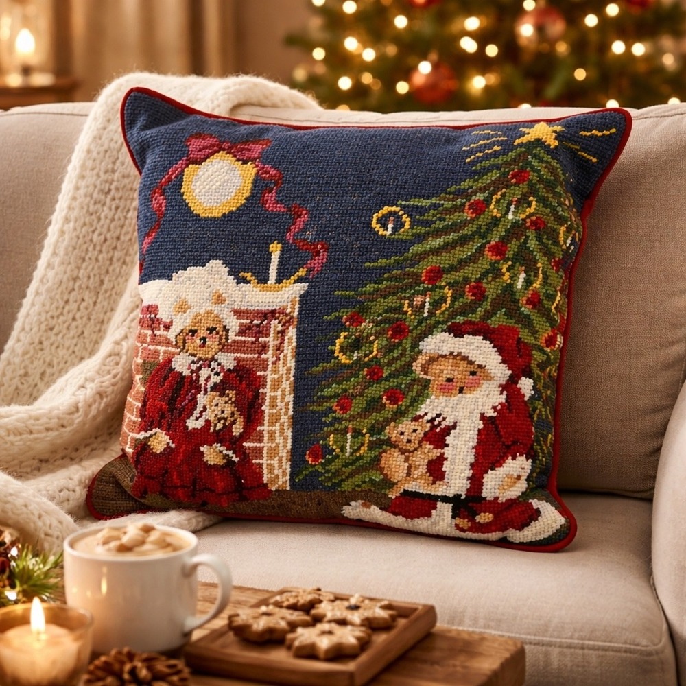 Wool Needlepoint Christmas Teddy Bears Pillow Velvet Back Square